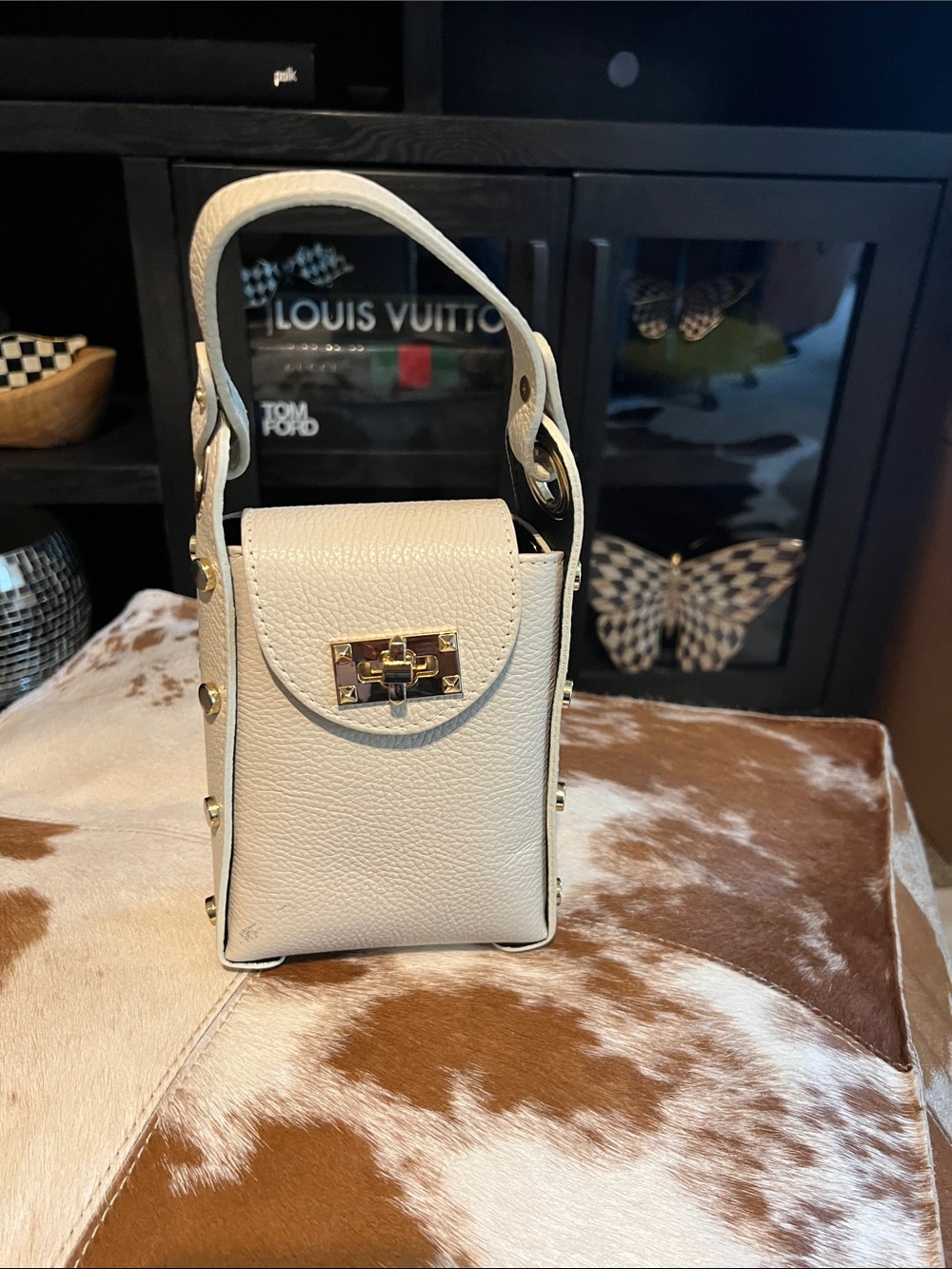 Cream Leather Mini Bag with Gold Hardware